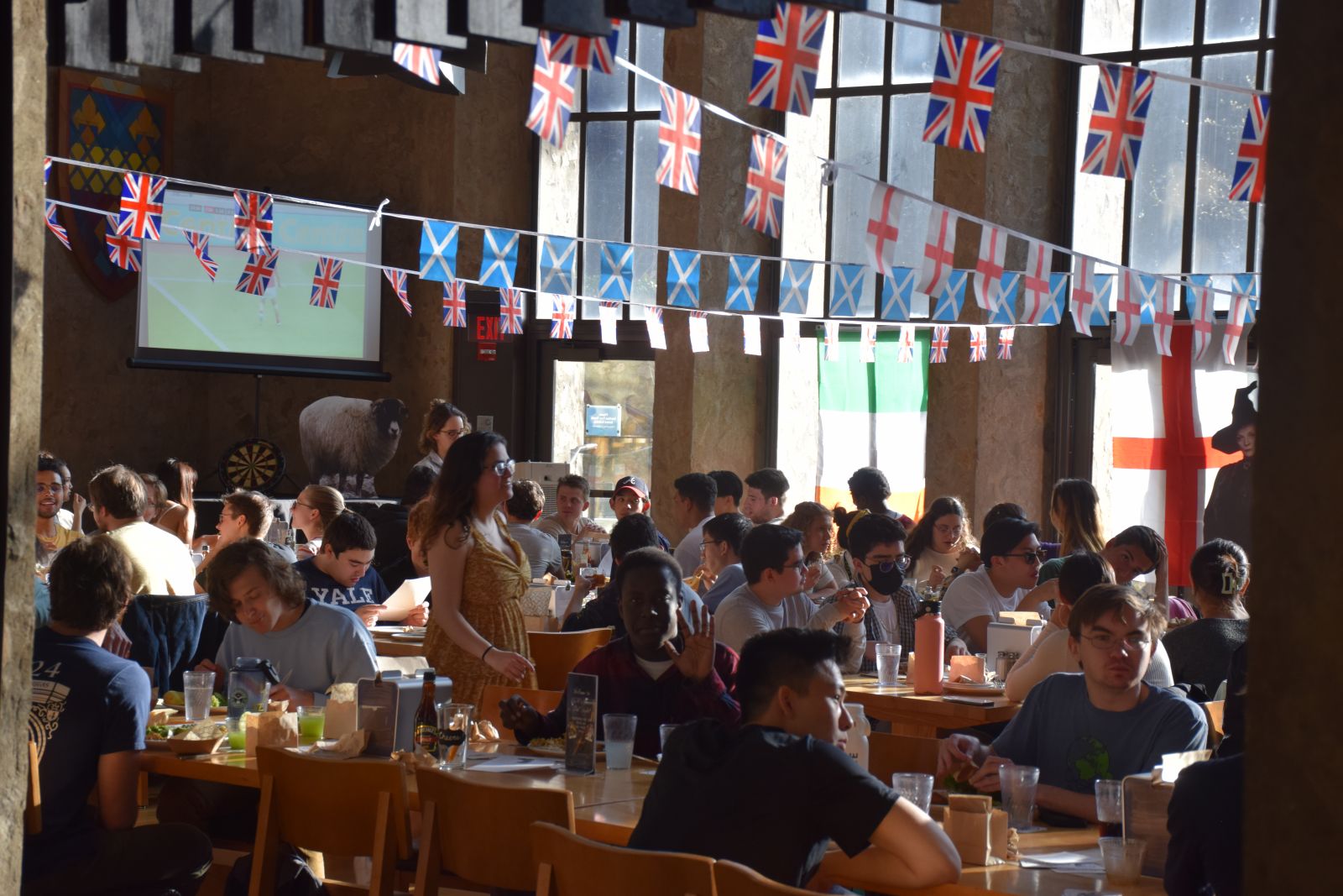 The dining hall decorated as a UK pub for pub night