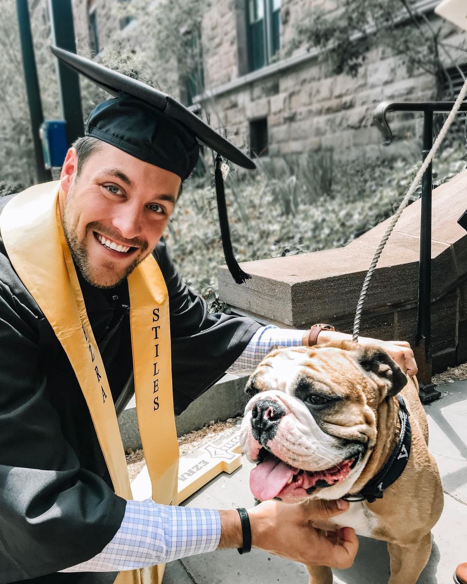Duncan, a graduating student, with Handsome Dan