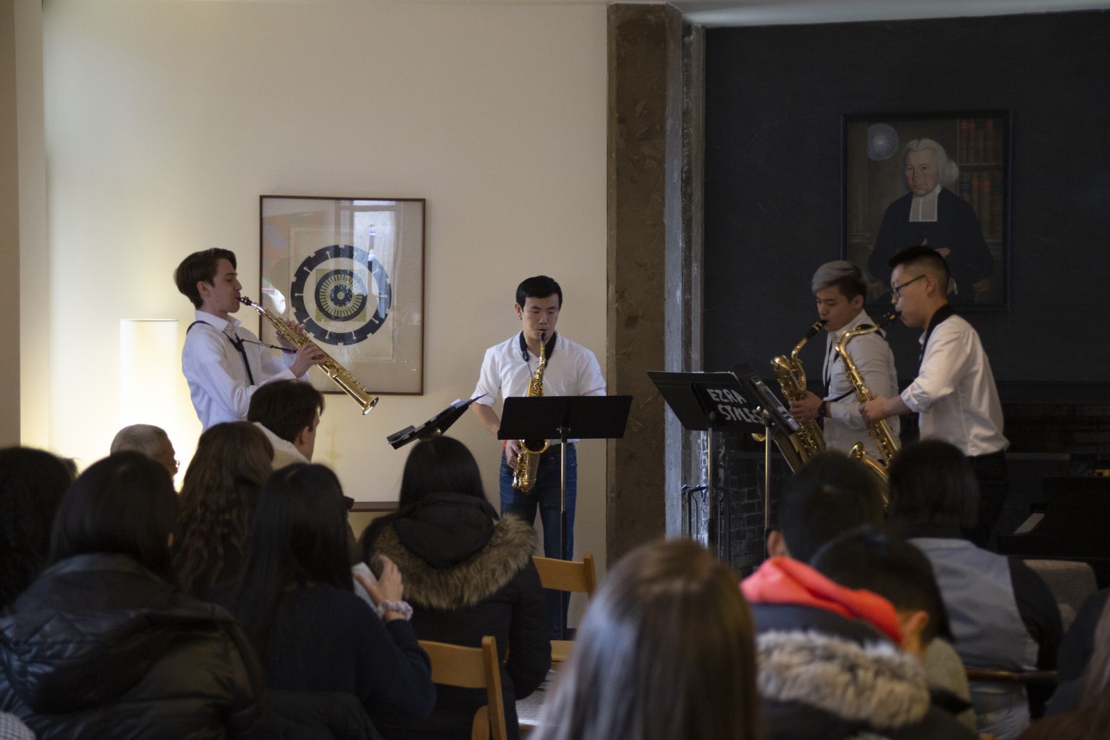 4 Yale students playing the saxophone