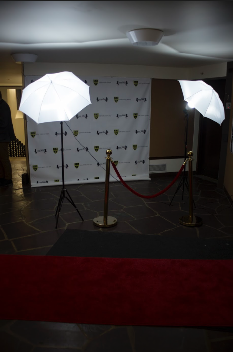 A room with studio lights and an Ezra Stiles background for people to take pictures on the red carpet