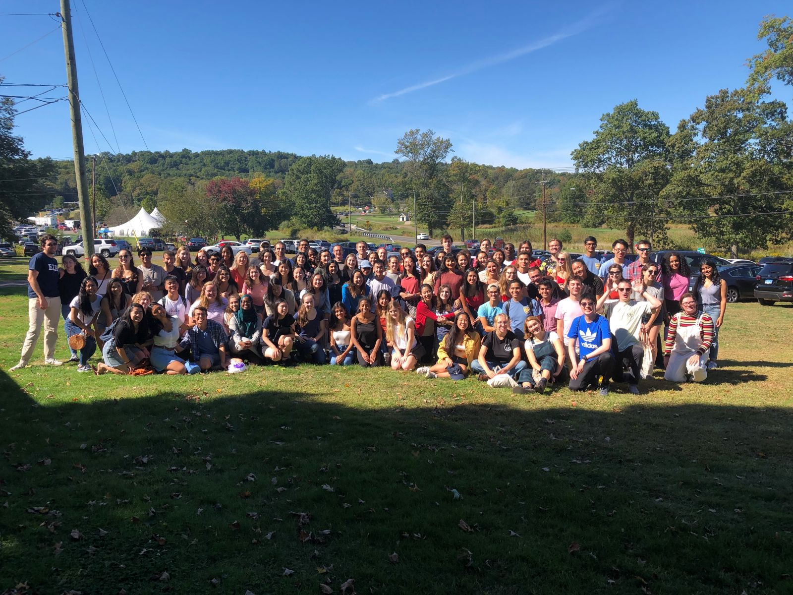 Around 40 Stilesians taking a group photo at Lyman Orchards