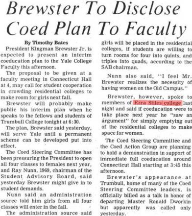 Brewster to disclose coed plan to faculity newspaper clipping