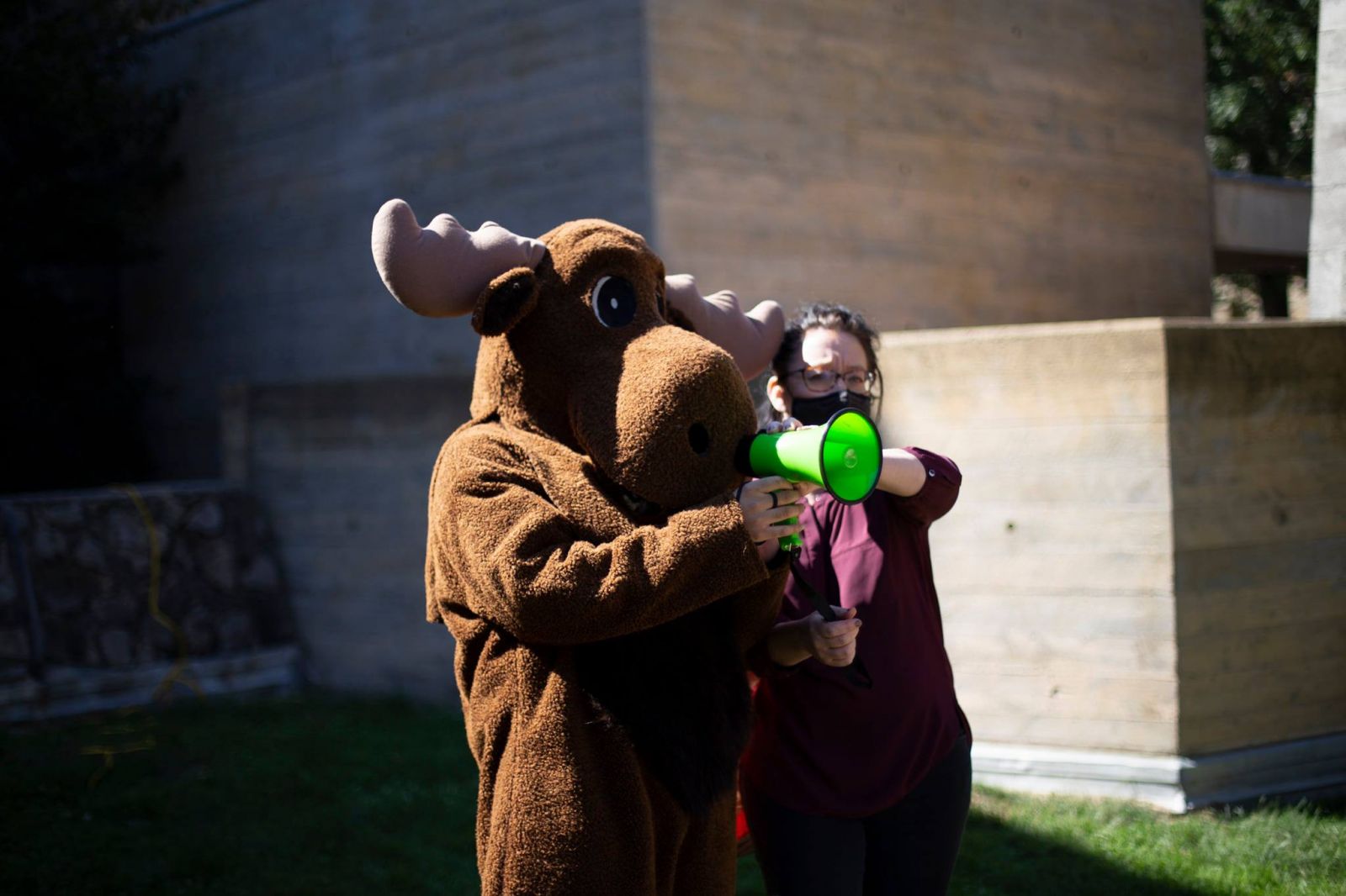 The Moose mascot speaking on the speakerphone
