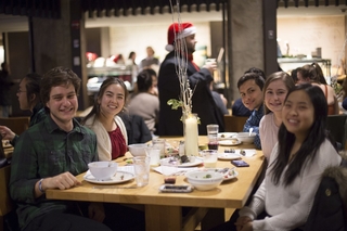 Students enjoy their food at the winter-themed dining hall